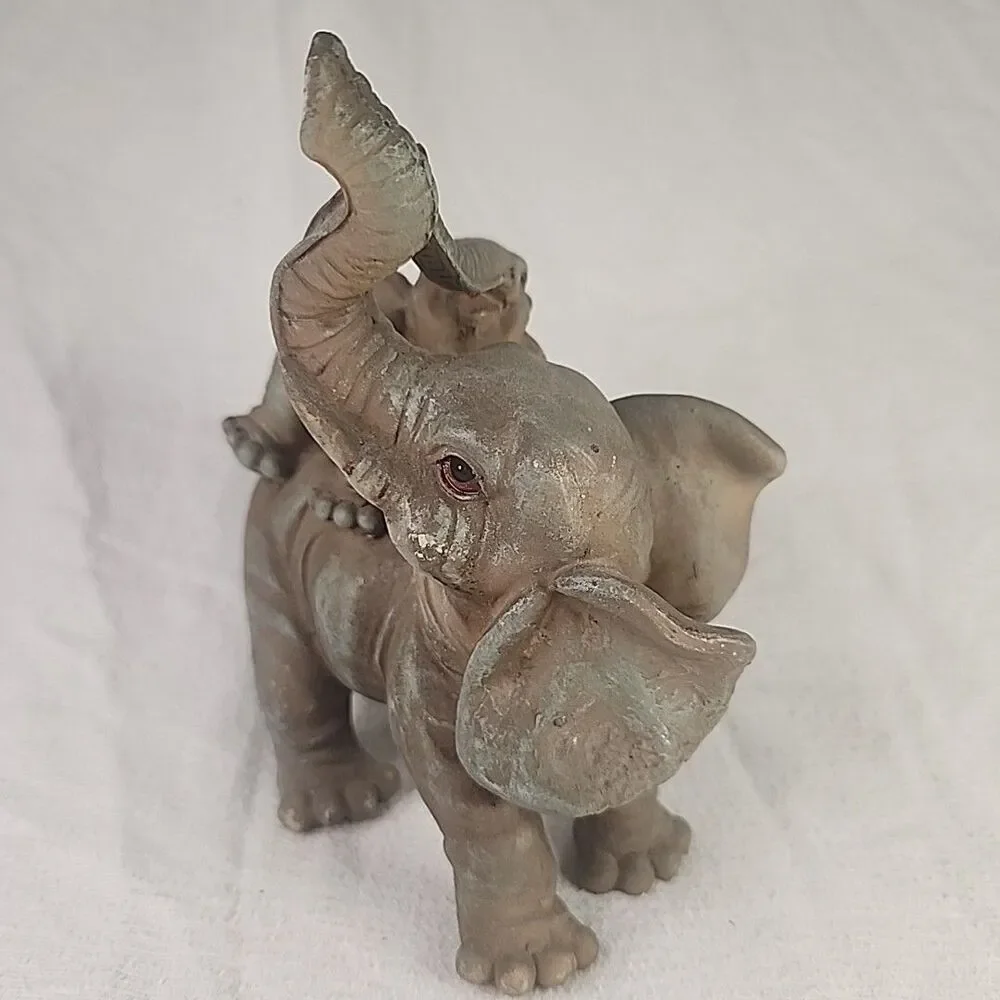 Elephant Safari Whimsical Father & Baby Piggyback Figurine Trunck Up 6 1/5